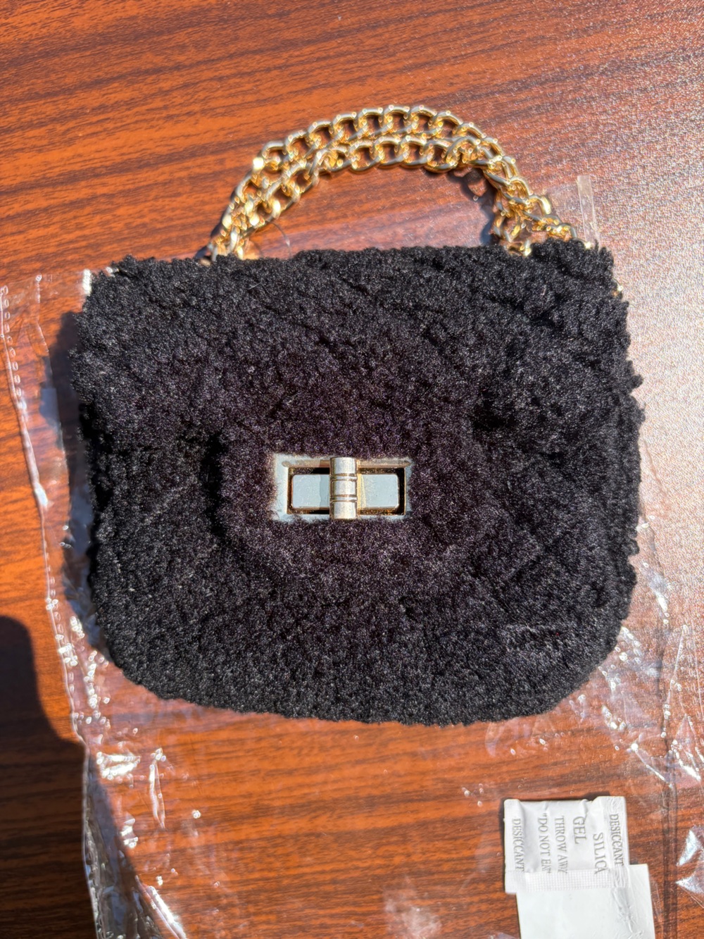 Hello 3AM Black Teddy Faux Fur Crossbody Bag Gold Chain NWT